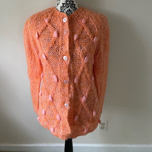 Handmade in Italy Vintage Cardigan in Tangerine orange with Pink Florets sweet! - Picture 2 of 7